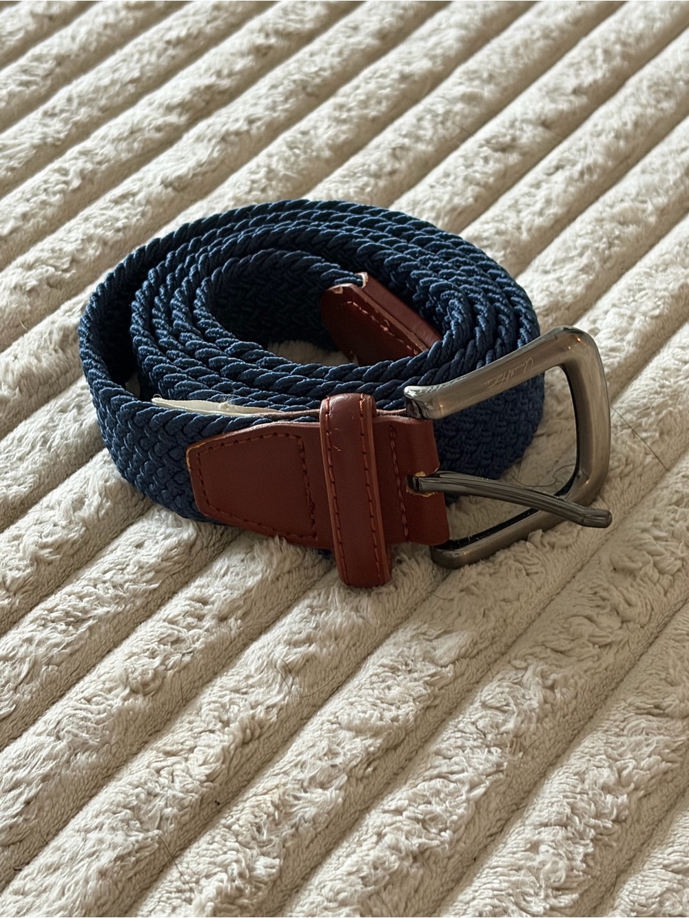 Men's Arnold Palmer Navy Woven Gold Belt with Brown Leather Accents